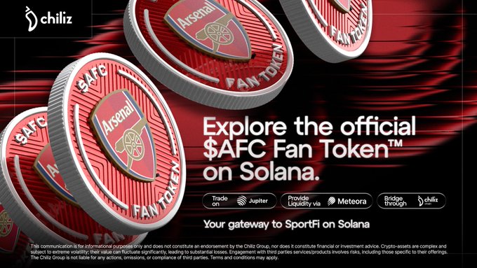 The image features a red circle with a white shield, which has the words "AFC Fan Toon" written on it. The background of the image is black, and there are several coins scattered around the circle. The text at the bottom of the image reads "Explore the official $AFC Fan Toon on Solana Trade on @JupiterExchange: jup.ag/?buy=Dst93spXQ ... Provide liquidity on AFC/SOL via @MeteoraAG : meteora.ag/dlmm/GjchN9Gr6 ... Bridge through Chiliz Chain: bridge.chilizchain.com".