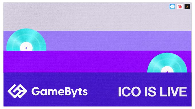 A promotional graphic for "GameBytes" announcing "ICO IS LIVE" with a purple and white striped background featuring stylized teal vinyl records.