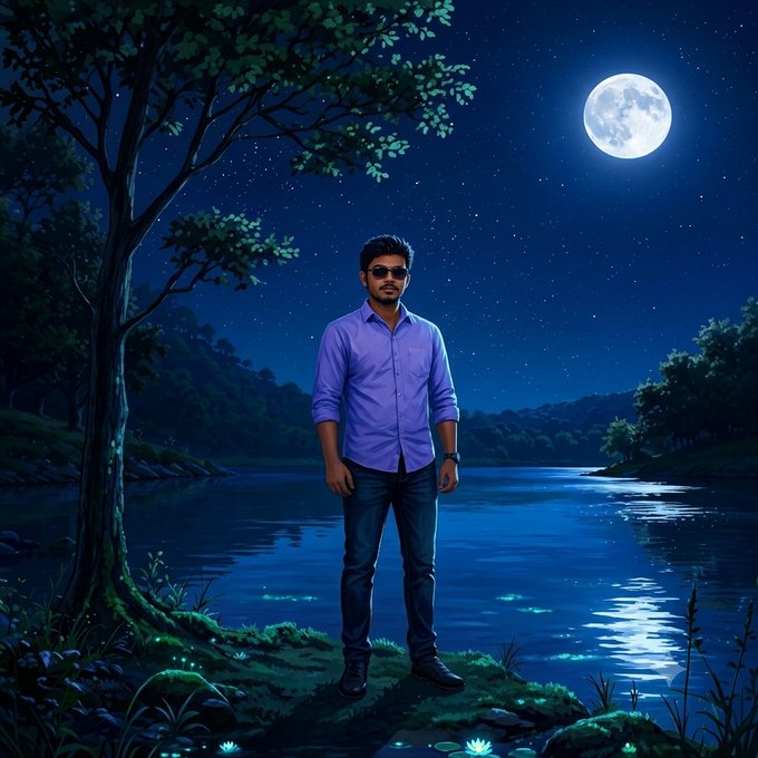 A man stands on a rocky shore beneath a full moon and starry sky, surrounded by a tranquil lake and glowing foliage. The serene nighttime scene visually reflects the post's reflective closing message, capturing a moment of quiet at the end of a busy day in Web3, where curiosity and learning have been the focus.