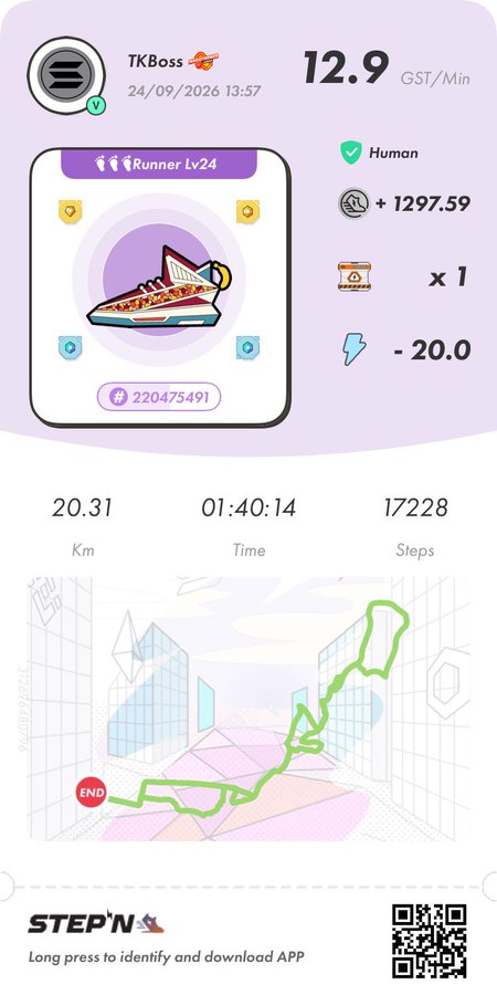 A STEP'N fitness app NFT receipt showing a 'Runner Lv24' shoe NFT (ID 220475491) with stats of 12.9 GST/Min, 20.31 Km distance, 01:40:14 time, and 17,228 steps along a green route map.