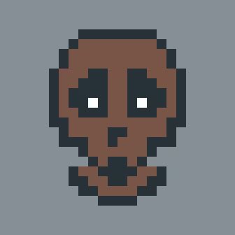 A pixel art image of a dark red and gray skull-like face with glowing white eyes set against a gray background.