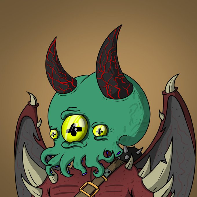 Digital illustration of a green Cthulhu-like monster character with three yellow eyes, red-veined dark horns, tentacles, bat wings, and a spiked leather harness.