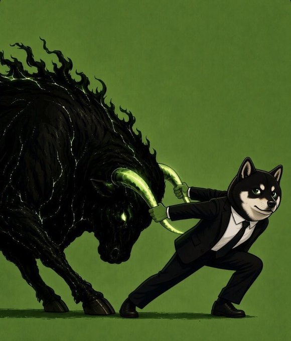 An illustration depicting a black-suited dog-headed character wrestling and holding back a large, dark, shadowy bull with glowing green horns and eyes against a green background.
