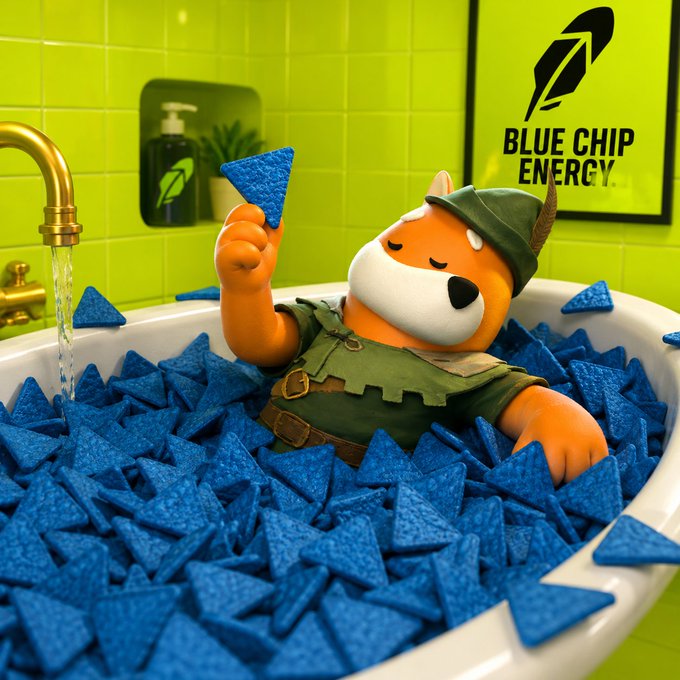An orange fox mascot wearing a green outfit relaxes in a bathtub overflowing with blue chip-shaped objects, holding one up beneath a "BLUE CHIP ENERGY" sign, playfully illustrating the introduction of BlueChip as a premier, stable coin in the BONK ecosystem alongside its Robinhood comeback via Circus Trade.