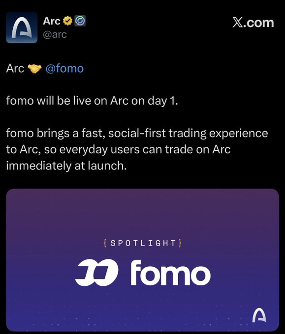 A screenshot of a post from the verified Arc (@arc) account on X.com announces that fomo will be live on Arc on day 1, featuring a purple gradient graphic labeled "[SPOTLIGHT]" with the "fomo" logo and the Arc emblem, aligning with the accompanying post celebrating Arc mainnet day 1 and highlighting fomo as one of the projects joining at launch.