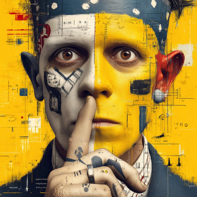 A surreal portrait of a man with a split face—one half gray and painted, the other half yellow—with a finger to his lips, set against a textured yellow background.