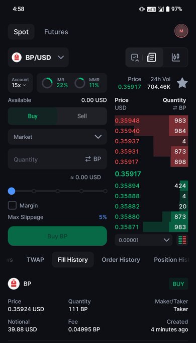 A mobile trading interface showing the BP/USD spot market with a price of 0.35917 and a pending buy order for 111 BP.