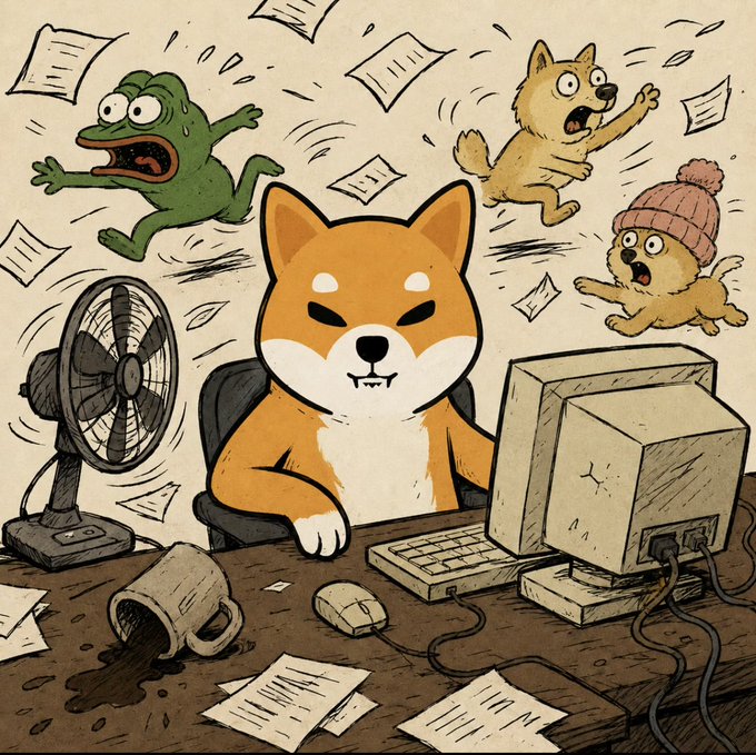 A calm Shiba Inu sits composed at a desk with a computer, unfazed by the chaos around them—a frog and two dogs being blown around by a fan amid scattered papers and a spilled coffee mug. The image humorously contrasts the protagonist's stoic six-year veteran status in crypto with the wild market volatility represented by the frantic animals and flying documents, while the Shiba Inu itself nods to the iconic DOGE meme coin culture central to crypto.