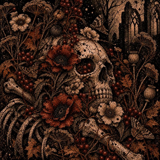 A gothic illustration of a skull intertwined with dark flowers, berries, and bones set against a ruined cathedral backdrop.