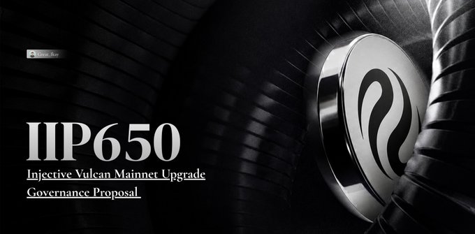 The image features a black and white poster advertising an upcoming proposal for a Vulcan Mainnet Upgrade project that could potentially benefit the injective user network. The poster includes a quote from @injective users of the protocol, who are enthusiastic about the upgrade's potential improvements in terms of speed, cost, and security.