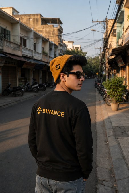 A young man in a yellow beanie and sunglasses stands on a city street wearing a black long-sleeve shirt with the 'BINANCE' logo in yellow on the back.