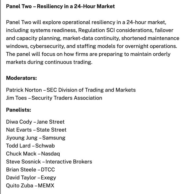 The image lists panelists for "Panel Two – Resiliency in a 24-Hour Market," moderated by Patrick Norton (SEC) and Jim Toes (Security Traders Association), with panelists from firms like Jane Street, State Street, Nasdaq, Schwab, Interactive Brokers, and DTCC.

The image doesn't directly relate to the post about S&P Global's investment in crypto data provider Kaiko, though the panel topic of "market-data continuity" in a 24-hour market is tangentially relevant to the growing crypto data industry.