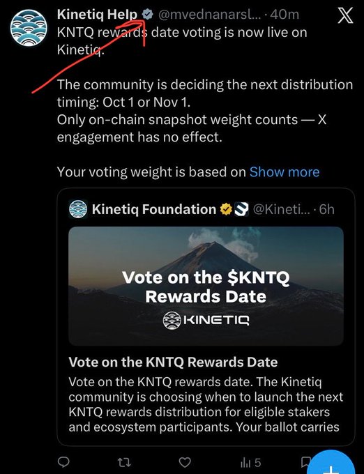 An X (Twitter) post from "Kinetic Help" @mvednanarsl announcing a live vote for the "KNTQ rewards date," with a quoted post from the "Kinetic Foundation" @Kineti... asking users to vote.