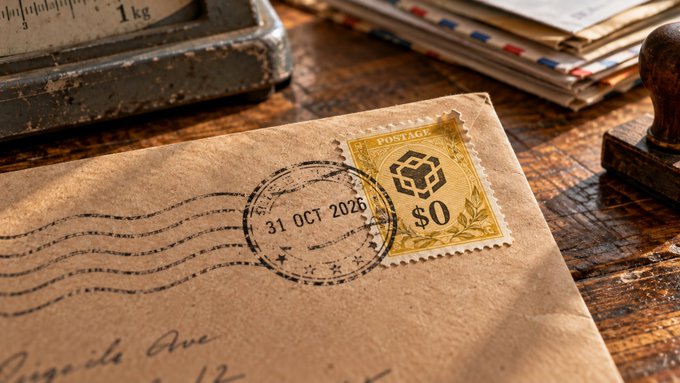A vintage-style postage stamp marked "$0" with a "31 OCT 2026" postmark sits on a weathered envelope, visually reinforcing the promotion of zero-fee wallet transfers through October 31. The "POSTAGE" label and cancellation stamp echo the mail-themed message of sending crypto transactions fee-free via BNB Chain.