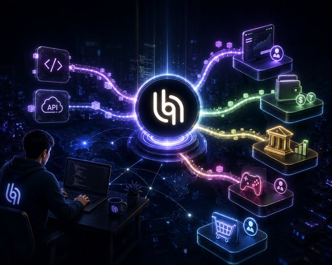 Futuristic digital illustration showing a person coding at a laptop connected to a glowing central hub labeled with a stylized logo, with neon branches leading to icons representing API, finance, banking, gaming, shopping, and social media.