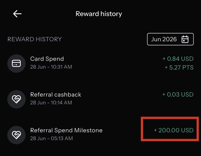 A screenshot of a "Reward history" page showing transactions from June 2026, highlighting a "+ 200.00 USD" Referral Spend Milestone reward in a red box, which supports the post's claim of earning passive income through KAST card referrals.