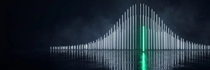 A 3D-rendered audio visualizer featuring a row of vertical metallic bars on a reflective dark surface, with a single bar illuminated in bright green in the center against a smoky black background.