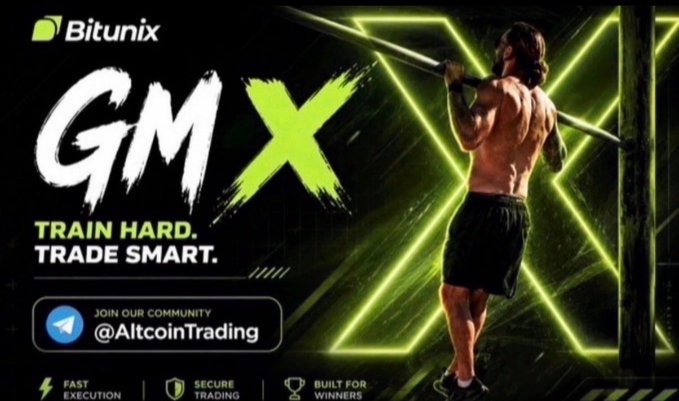 A promotional graphic for 'Bitunix' exchange features a muscular man doing pull-ups with the bold text 'GMX' and the slogans 'TRAIN HARD. TRADE SMART.' and 'JOIN OUR COMMUNITY @AltcoinTrading'.