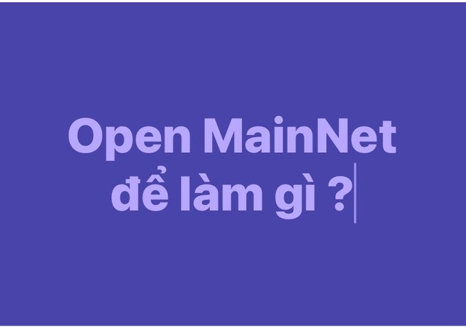 The image shows a purple background with white text reading "Open MainNet để làm gì?" (Vietnamese for "What is Open MainNet for?"). It poses a skeptical question about the Pi Network's mainnet launch, referencing the post's concern that despite 421,000 KYC-verified nodes, the ecosystem still lacks essential features like smart contracts, DEX, and app creation tools.