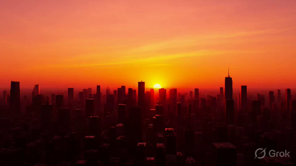 The image shows a city skyline at sunset, with the sun setting behind the buildings. The sky has a warm orange hue as the sun sets over the horizon. In the foreground of the photo, there are some text elements that read "GOOD EVENING, DEGEN LEGEND IS CALLING THE night is young and the alpha is LOUD: Core Kings building the future: @XOOBNetwork onchain attention @3look_io culture that pays @RiverdotInc + @River4fun stablecoin magic $RIVER 5 Underrated Bangers". The cityscape in the background features tall buildings, including a skyscraper with a prominent spire.