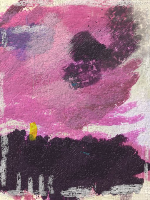 An abstract painting featuring broad strokes of vibrant pink and purple in the sky above dark, silhouetted trees, with a small yellow accent.