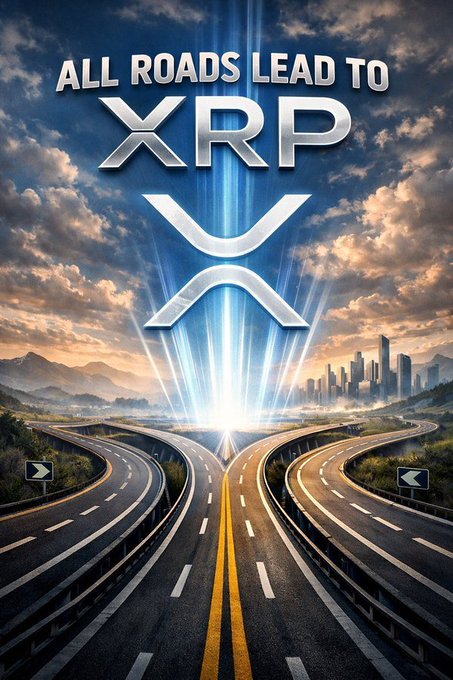 A promotional graphic for XRP cryptocurrency with the text 'ALL ROADS LEAD TO XRP' over an image of converging highways and a city skyline.