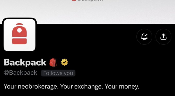 A social media profile for 'Backpack' (@Backpack) with a red backpack icon reads 'Your neobrokerage. Your exchange. Your money.'