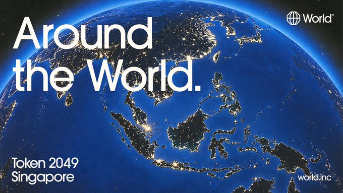 Promotional graphic featuring a nighttime satellite view of Earth centered on Southeast Asia, with the text "Around the World." alongside the "World" logo, and "Token 2049 Singapore" displayed in the bottom left to promote World Markets' attendance at the conference.