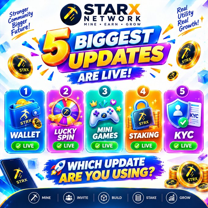 A vibrant promotional graphic for 'STARX NETWORK' announcing '5 BIGGEST UPDATES ARE LIVE!' featuring Wallet, Lucky Spin, Mini Games, Staking, and KYC features.