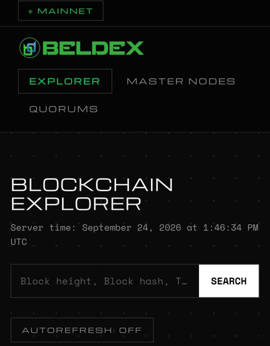 A mobile screenshot of the Beldex blockchain explorer mainnet interface with navigation options for Explorer, Master Nodes, and Quorums, showing a search bar and server time of September 24, 2026.