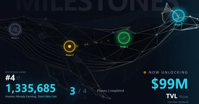 The image features a computer screen displaying information about the game "Milestones" for a virtual whale, with an overlay of various numbers and data points related to the game progress and transactions. The main focus on the screen shows that the "Now Unlocking" phase has ended, and there are no more transactions in the game at this stage. The content also provides details about the terms and conditions used in the game's operation.