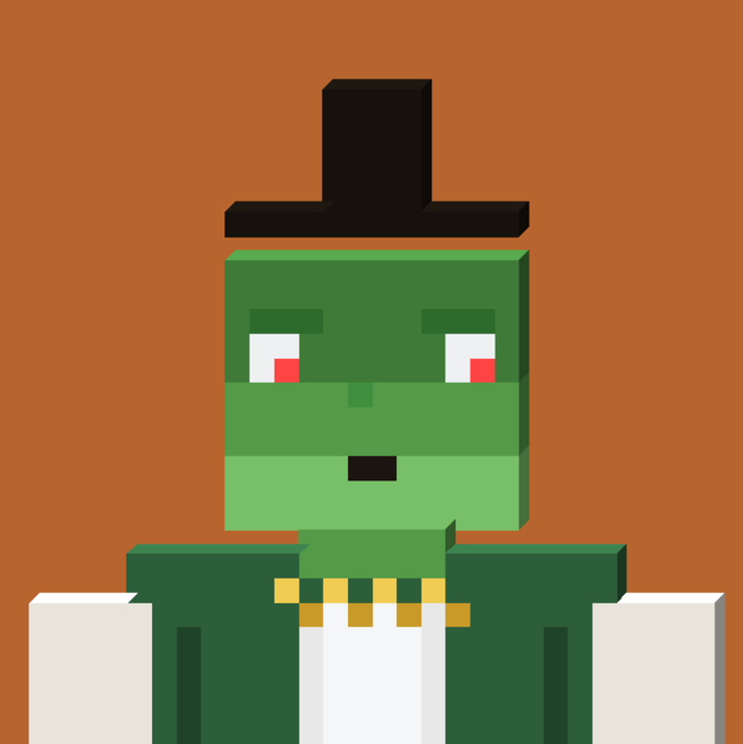 An identical repeat of the voxel-style green blocky character with red eyes and a black hat seen in image 2.