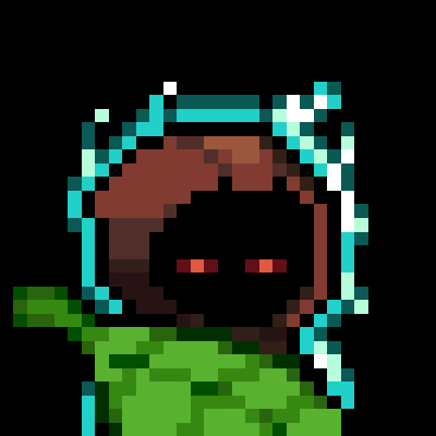 Pixel art of a hooded character with a dark hood trimmed in blue, showing glowing red eyes against a black background.