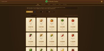 The image shows a "KPI Tracker" interface displaying various agricultural products (carrots, pumpkins, peppers, eggplants, tomatoes, etc.) with corresponding numerical values beneath each item. The screenshot appears unrelated to the accompanying post, which thanks community members Gugiap and kimloopy2 for their contributions to growing Pi's early ecosystem and maintaining community momentum.