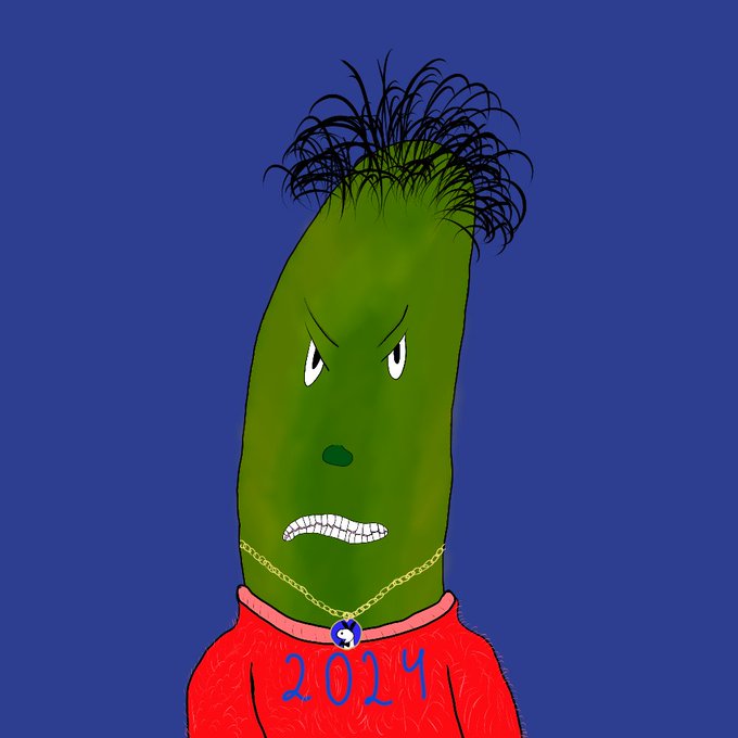 A cartoon illustration of an angry, green pickle-like character wearing a red '2024' shirt and a gold chain with a globe pendant, set against a blue background.