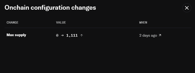 The image shows OpenSea's new "Onchain configuration changes" feature, which displays a history of modifications to a smart contract—in this case, a change to the "Max supply" from 0 to 1,111 made 2 days ago. This aligns with the post highlighting the feature's usefulness for verifying contract modifications during mints.