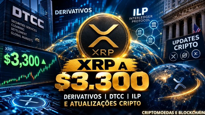 A promotional graphic featuring the XRP cryptocurrency logo with the text 'XRP A $3.300' alongside mentions of 'DERIVATIVOS', 'DTCC', 'ILP', and 'ATUALIZAÇÕES CRIPTO'.