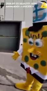 A TikTok-style video still dated 2026-01-19 showing a person in a SpongeBob SquarePants mascot costume walking on a street, with the caption 'AT2025 BODY 3 UNICVN 4'.
