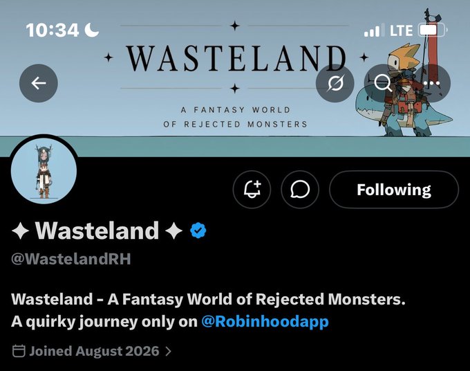 A social media profile page for 'Wasteland' (@WastelandRH), described as 'A Fantasy World of Rejected Monsters,' featuring banner art of a character riding a shark-like creature.