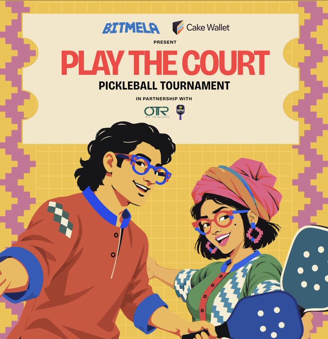 A promotional poster for "PLAY THE COURT PICKLEBALL TOURNAMENT" presented by BITMELA and Cake Wallet in partnership with OTR and IPNL, featuring colorful illustrations of two characters wearing glasses.