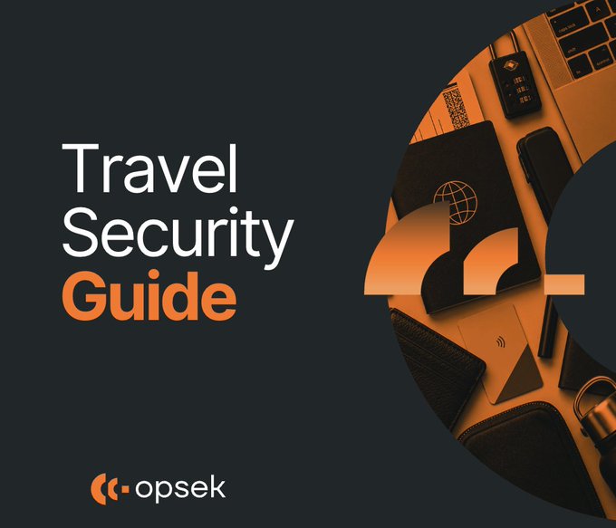 A promotional graphic for Opsek's 'Travel Security Guide' with an orange and black color scheme, featuring travel items like passports, a laptop, and luggage arranged within a circular design element.