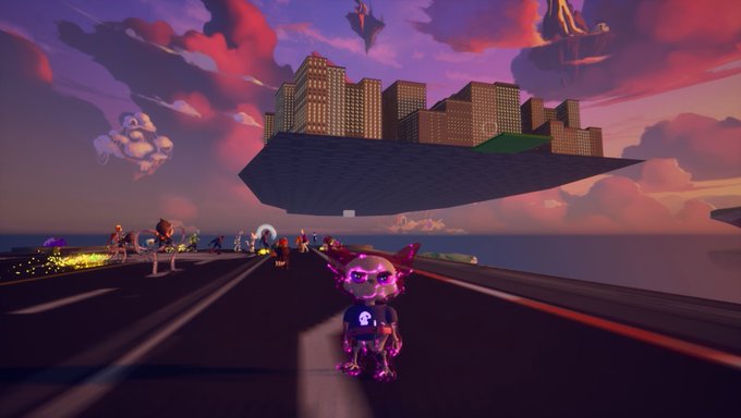 A screenshot from a video game showing characters on a road approaching a floating city with buildings, set against a colorful pink and purple sunset sky.