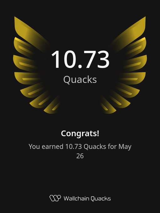 The image features a gold-colored emblem featuring yellow bird wings, possibly a falcon or an eagle. The emblem displays numbers, 10.73 Quacks, indicating a significant achievement or accomplishment related to gaming or an app. There is also a caption below this emblem that reads, "Good night fam Earned some Quacks on @wallchain @3look_io x @Appreciators_IO Be Original". This text congratulates the individual for their success and draws attention to what they have done in terms of gaming or app accomplishment.