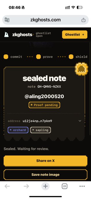 A mobile screenshot of the zkghosts.com website showing a "sealed note" addressed to @aling2000520 with a note ID GH-QMN5-NZKX and "Proof pending" status.