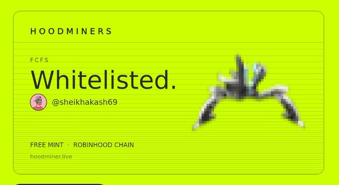 A bright green graphic displays 'HOOMINERS', 'Whitelisted.', and '@sheikhakash69' alongside a 3D claw-like figure, with 'FREE MINT - ROBINHOOD CHAIN' at the bottom.