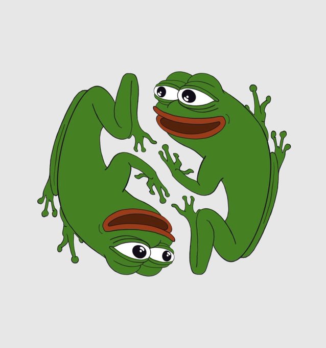 A digital illustration of two cartoon green frogs arranged in a circular, yin-yang-like pattern against a light gray background.