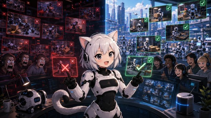 An anime-style cat-eared robot in a futuristic command center confidently sorts through floating holographic data panels, marking some with green checkmarks and others with red X's, while angry and cheerful human operators look on from behind. The image visually reinforces the post's message about data validators on PrismaXAI carefully curating training data—showing that quality control through human verification is essential to prevent one careless label from corrupting AI models.