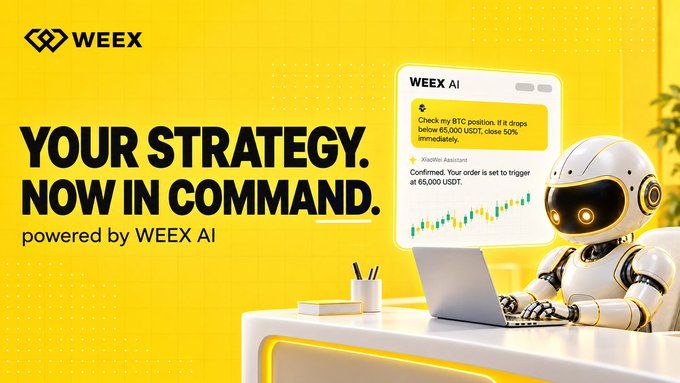 A yellow promotional banner for 'WEEX' featuring the text 'YOUR STRATEGY. NOW IN COMMAND. powered by WEEX AI' alongside a robot using a laptop displaying trading analysis.