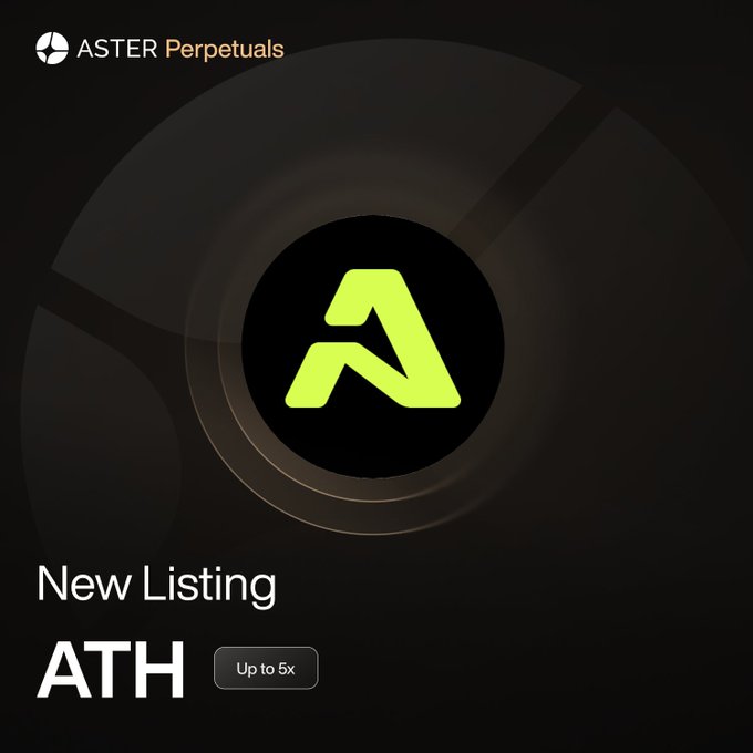 ASTER Perpetuals announces a new listing for $ATH (AethirCloud) with up to 5x leverage. The image features the ASTER Perpetuals logo and a stylized green "A" symbol representing the Aethir ticker.