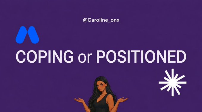 A purple graphic with the Next.js logo and text "COPING or POSITIONED" by @Caroline_onx, featuring an illustration of a woman shrugging with a white starburst symbol.